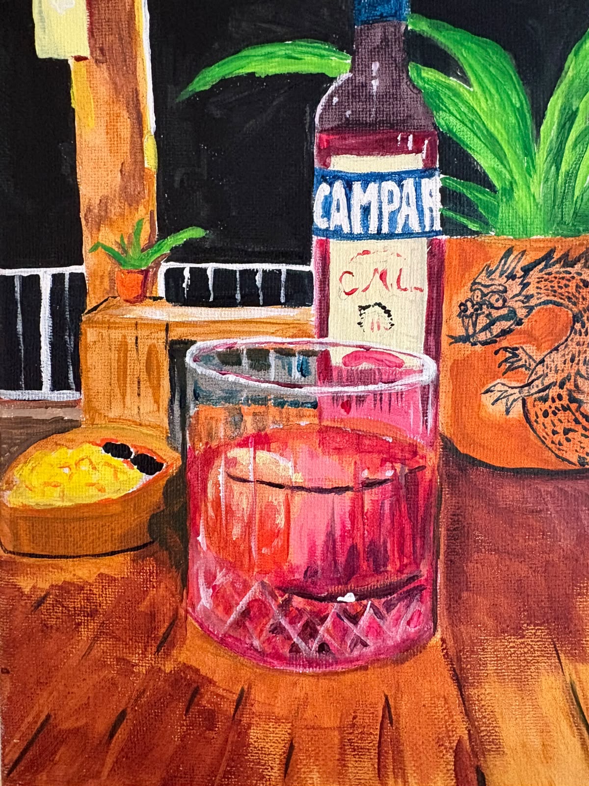 Painting of a Negroni in a crystal tumbler beside a Campari bottle